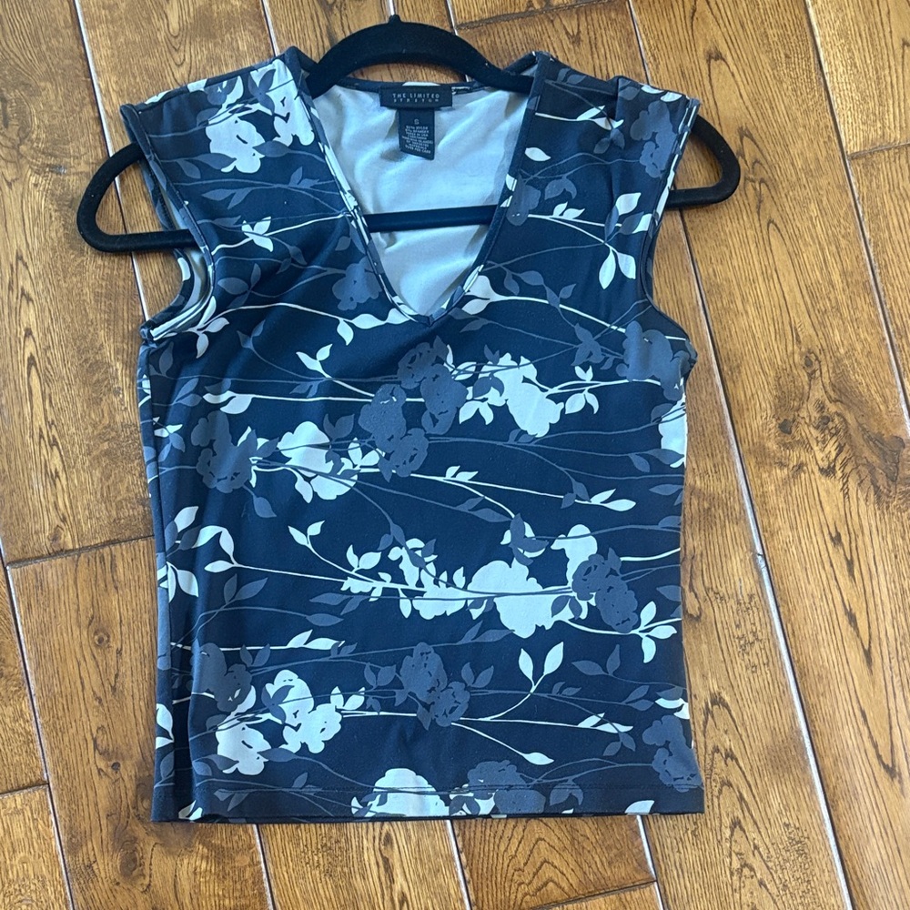 The Limited Navy Floral V-Neck Tank with Gray and Light Blue Flowers
